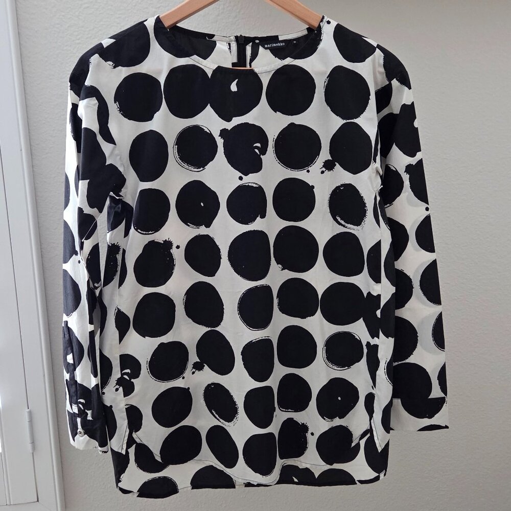 Marimekko Long Sleeve 'LIMI' Tunic Blouse in Black/Off White Size 34 100% Cotton